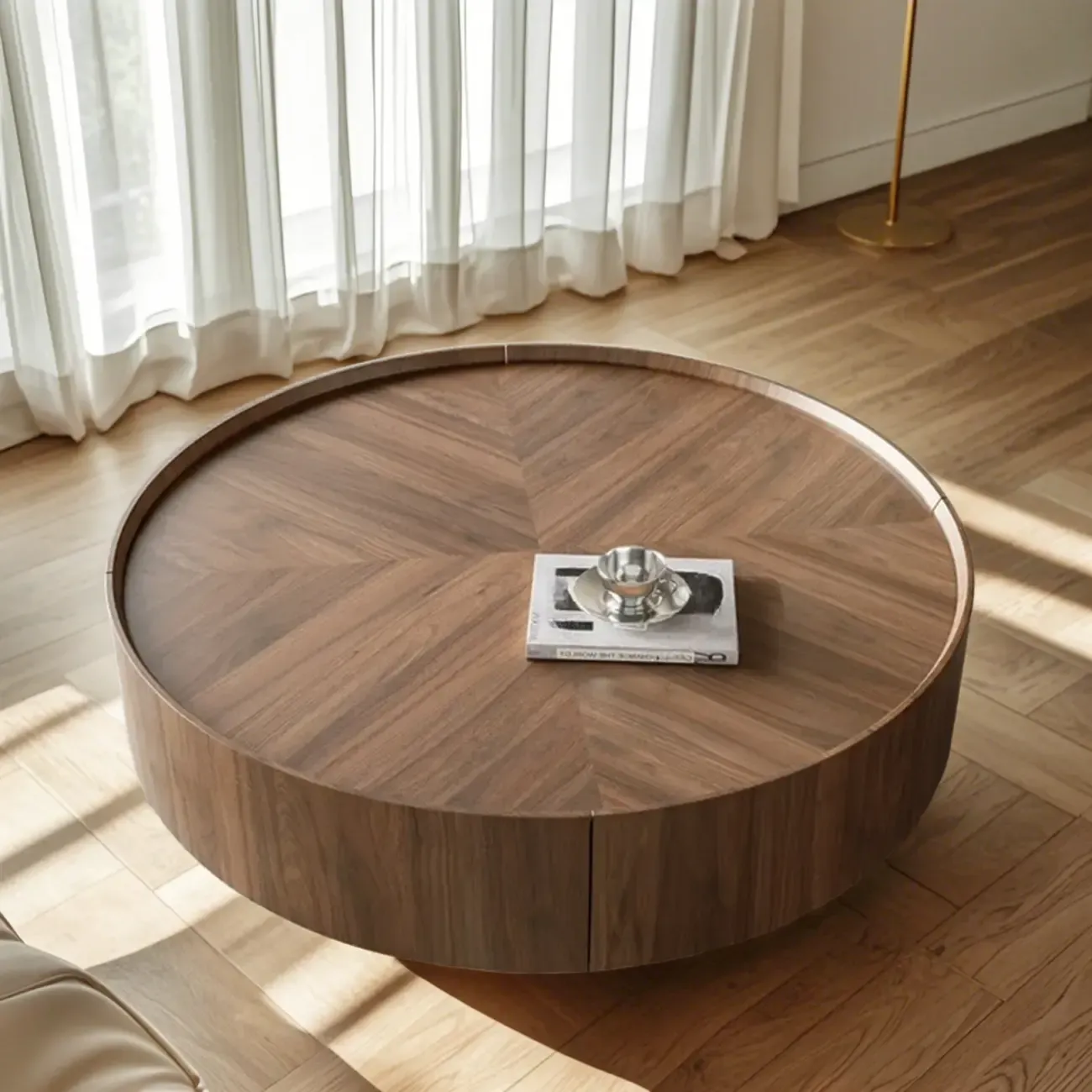 Modern Round Wood Coffee Table with Steel Base