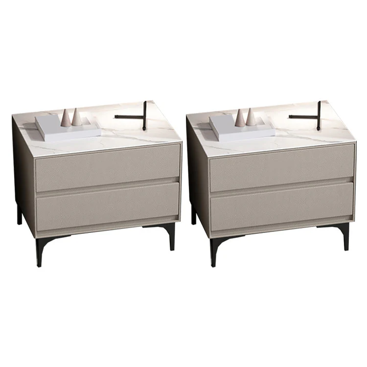 Modern Stone Top Faux Leather 2-Drawer Nightstand