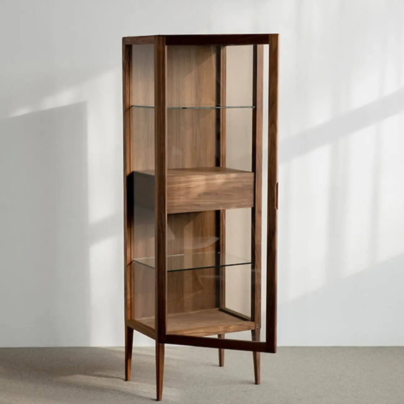 Sitting Room Old School Walnut Glass Cabinet with Illuminating