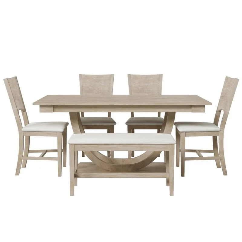 6-Piece Wood Half Round Dining Table Set Kitchen Table Set with Long Bench and 4 Dining Chairs, Modern Style