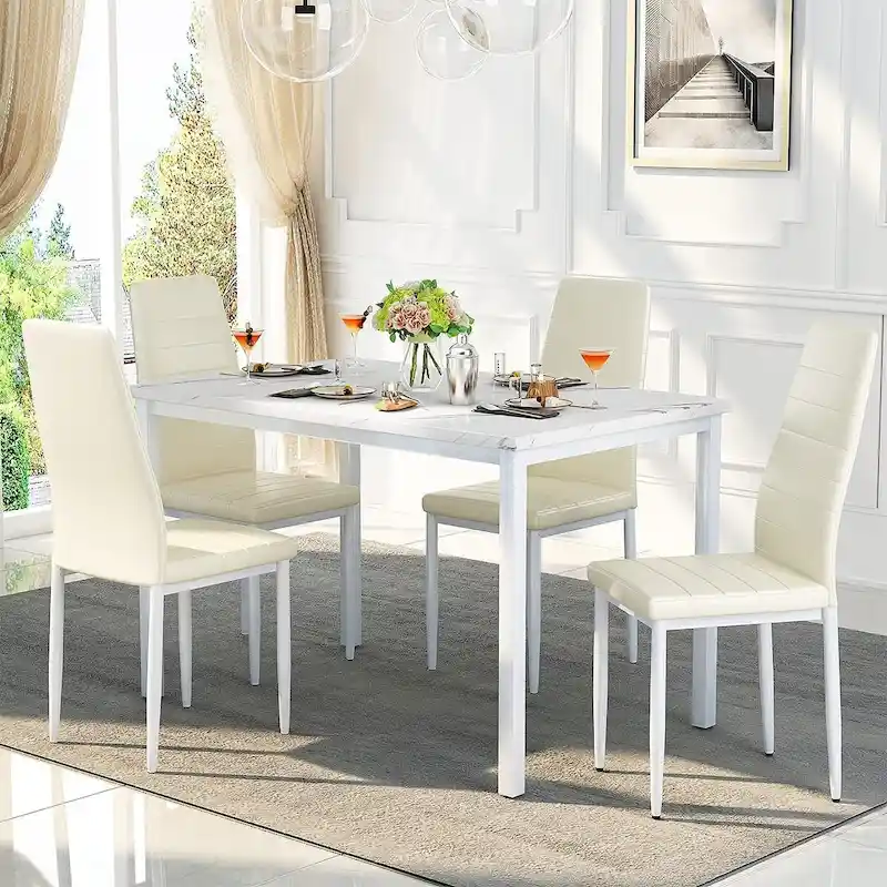 Mieres Modern Style 5-Piece Faux Marble Top Dining Table Set with 4 Faux Leather Upholstered Dining Chairs