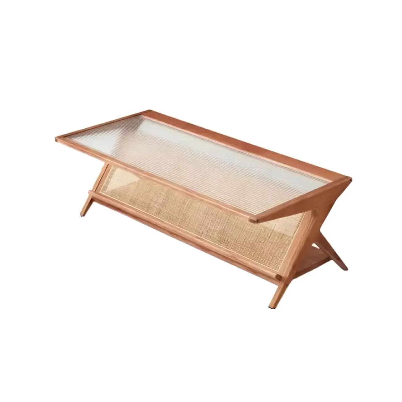 Modern Brown Rectangle Glass Wood Coffee Table with Shelf