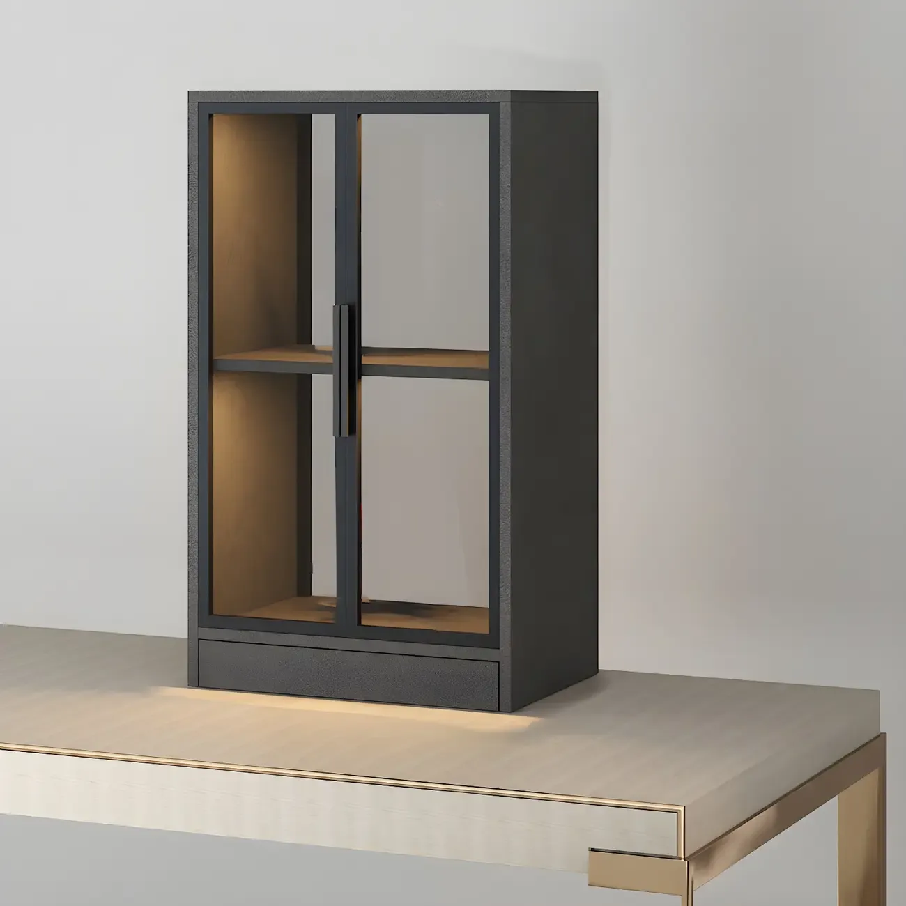 Square 2-Shelf Black Wooden Display Cabinet with Light