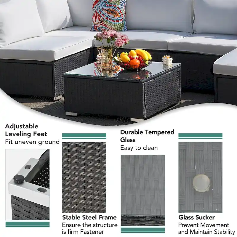 7-Piece Wicker Patio Conversation Set with Cushions and Glass Table