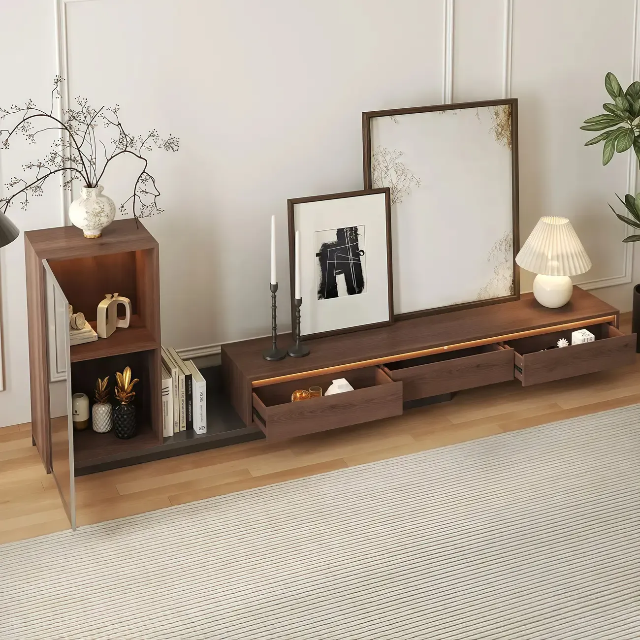 Mid-Century Walnut Extendable Wooden TV Stand with Drawers