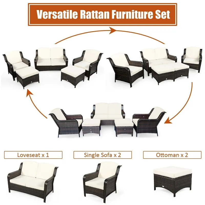 5 Pieces Patio Rattan Sofa Set with Cushion and Ottoman - 51 x 33.5 x 33 (L x W x H)