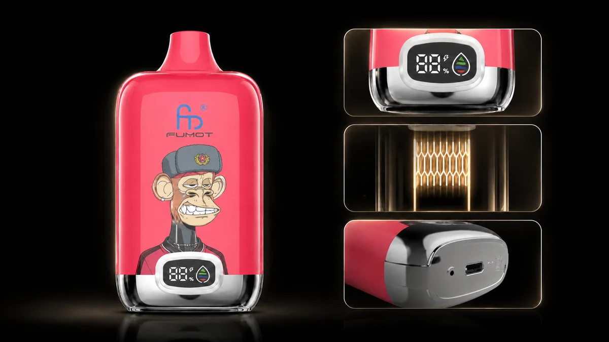 Fumot Digital Box 12000 Strawberry Red Bull Vape Funktionsdetails mit Display, Mesh Coil und Ladeanschluss