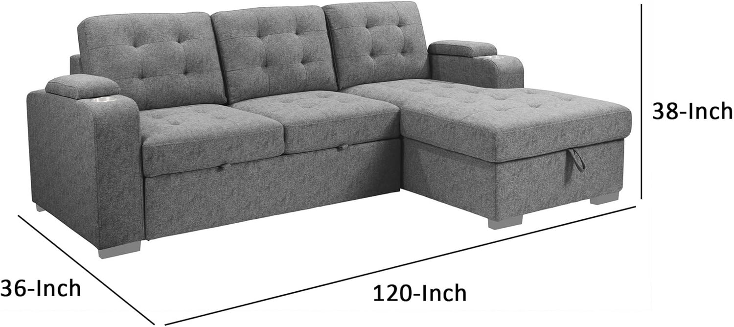 A large gray sleeper sectional sofa with a chaise lounge in a modern living room.