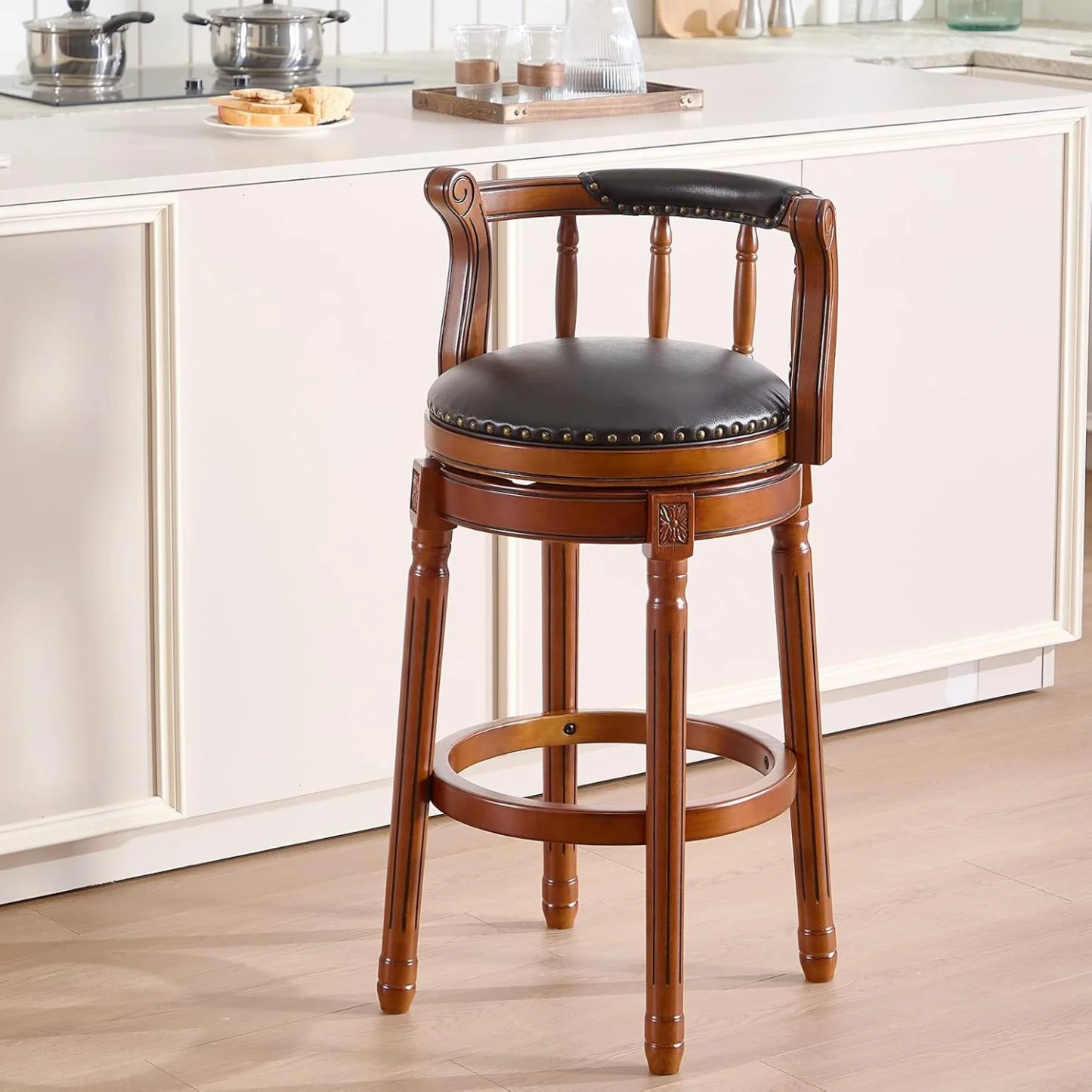 Swivel Counter Height Bar Stools in Genuine Leather & Walnut Solid Wood