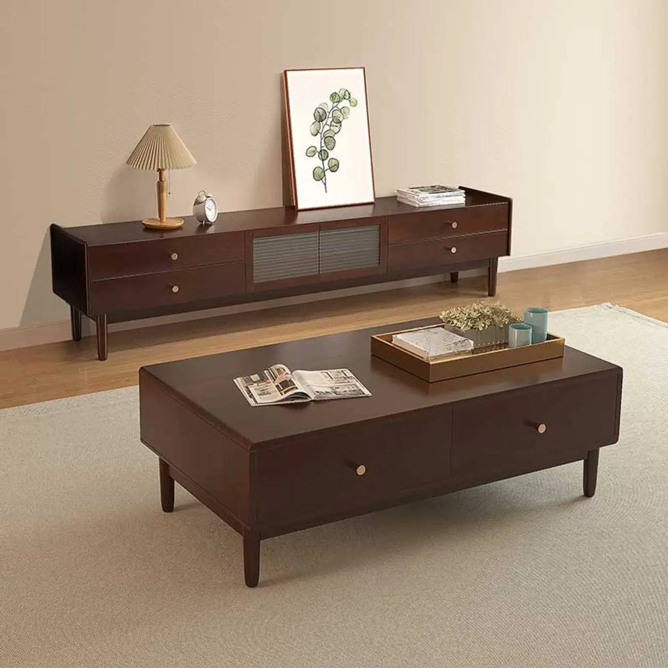 71 Rectangle Cherry Wood TV Stand with Cabinet & Drawers