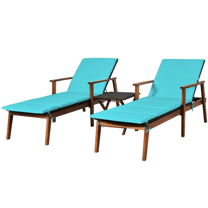 Costway 3PCS Patio Rattan Lounge Chair Folding Table Set Chaise Wood