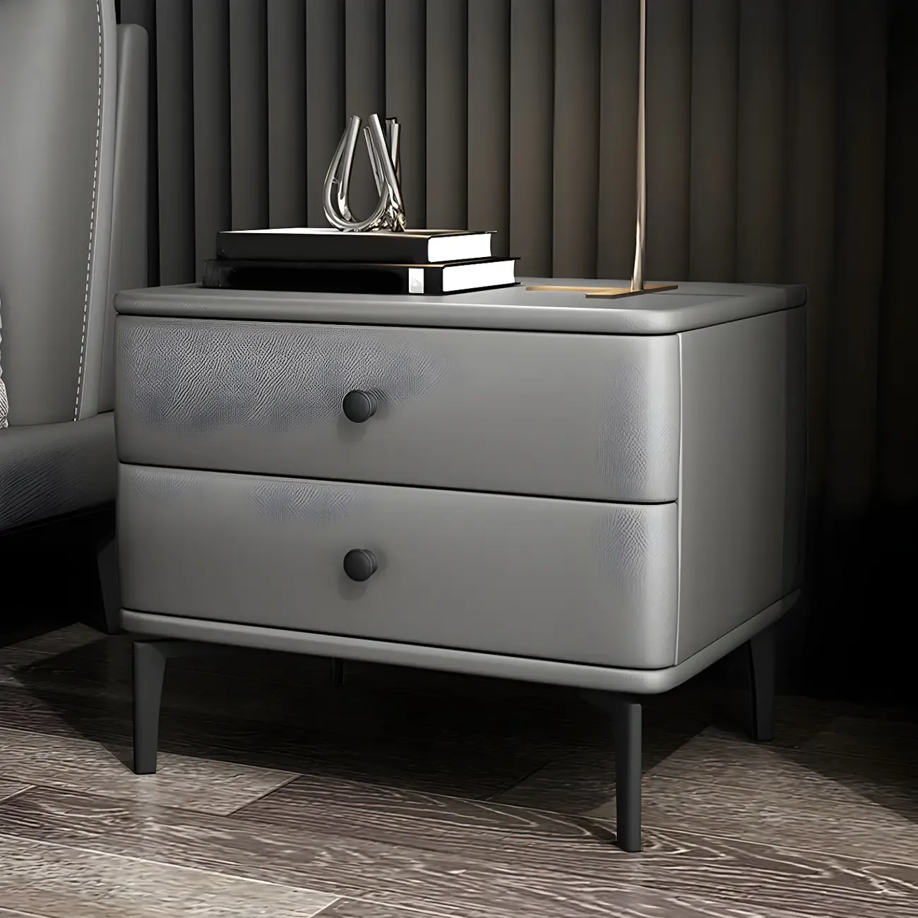Modern Black Leather Bedside Table with Drawers