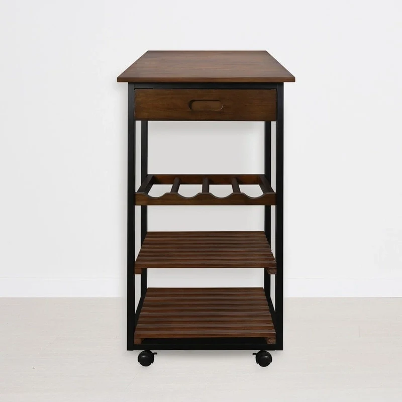 Solid Wood 4-Tier Rolling Kitchen Cart with Wine Rack and Drawer