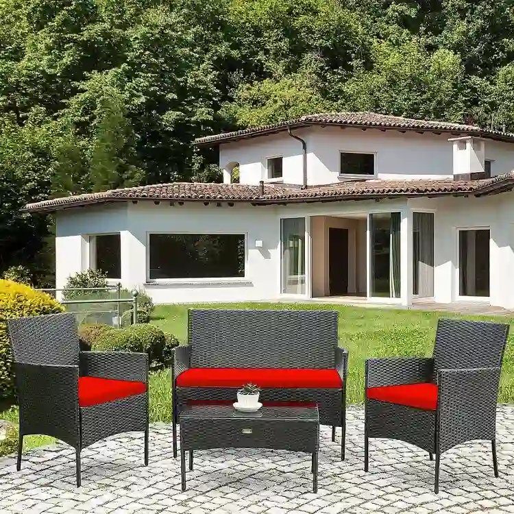 4 Pieces Patio Rattan Cushioned Sofa Set with Tempered Glass Coffee Table - 24 x 23.5 x 33 (L x W x H)