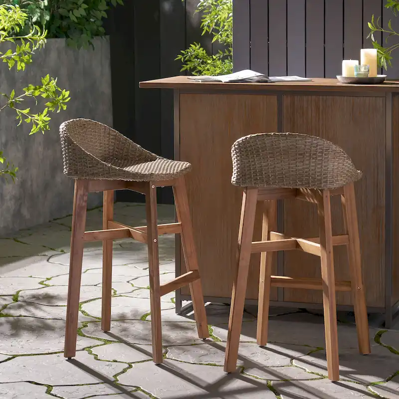 Cayuga Wicker and Acacia Wood Outdoor Barstools by Christopher Knight Home