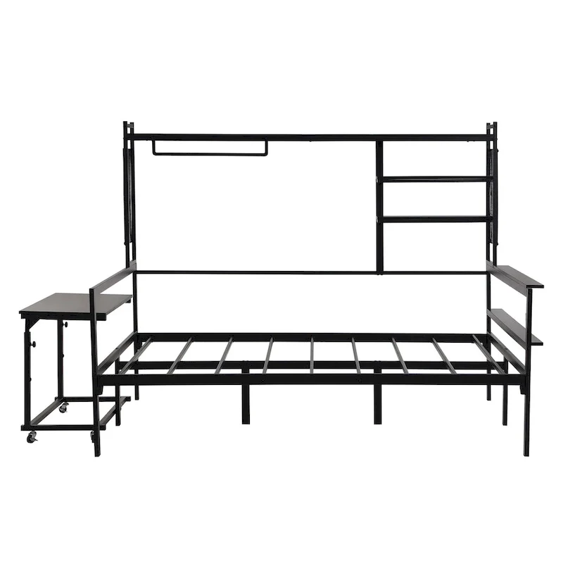 Versatile Daybed with Movable Desk, Metal Sofa Bed Frame with Metal Grid, Shelves and Clothes Hanger, No Box Spring Needed