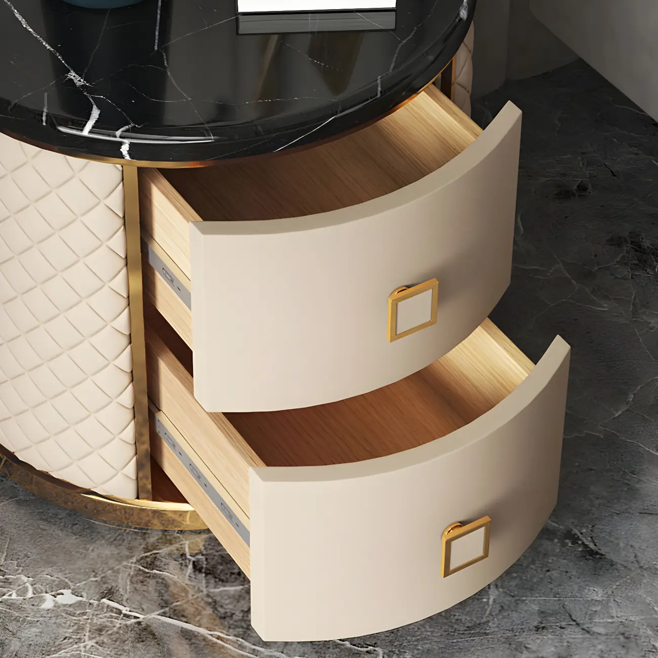 Glam Round Leather Nightstand with Marble Countertop 2 Drawers