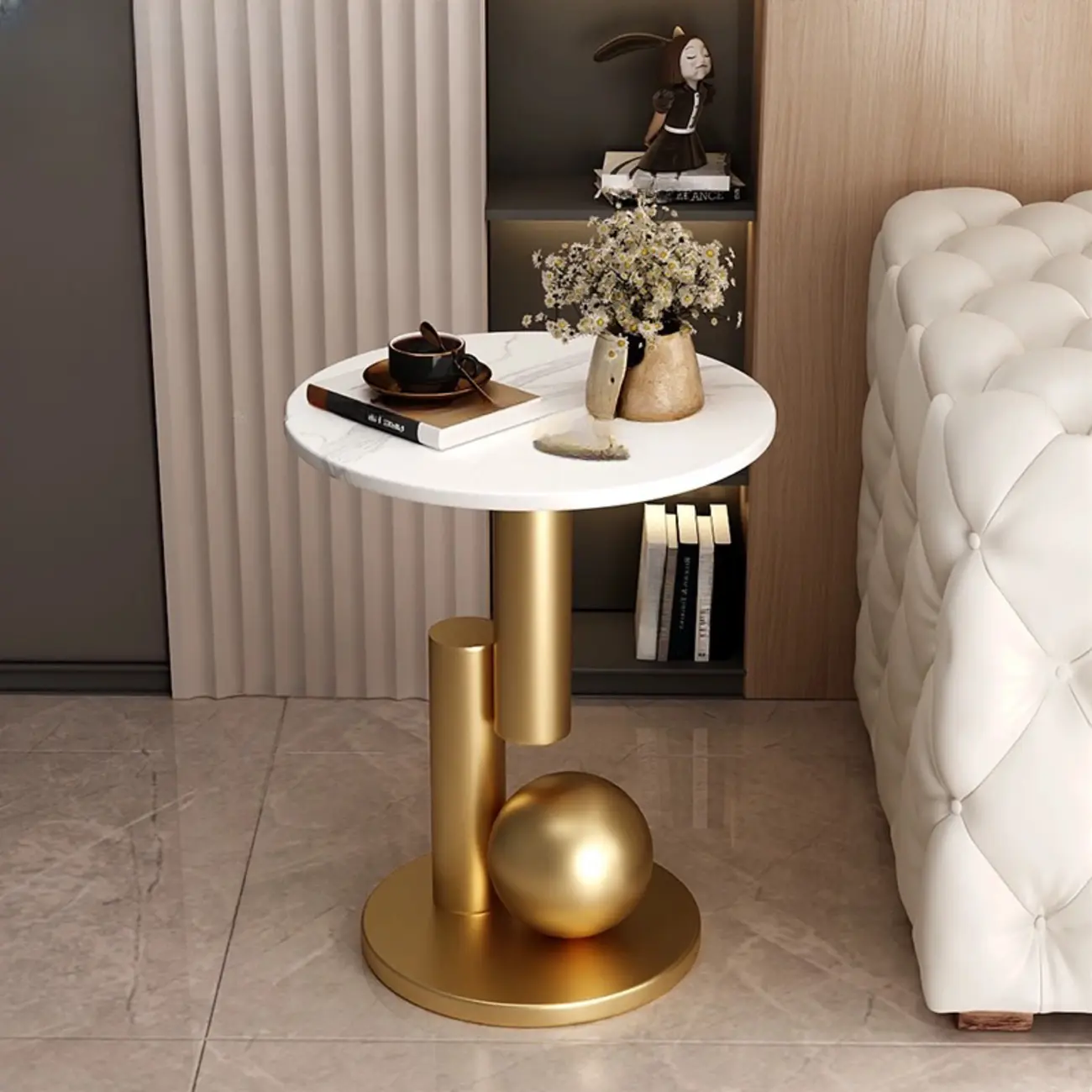Glam Round Stone Top End Table Abstract Base