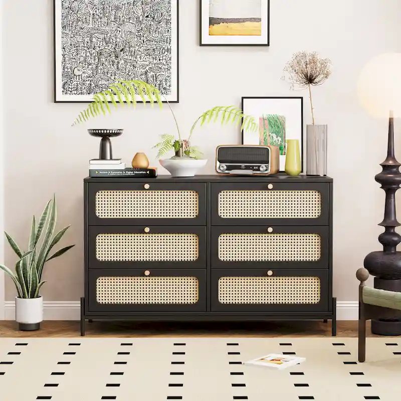 6-Drawer Rattan Wood Nightstand