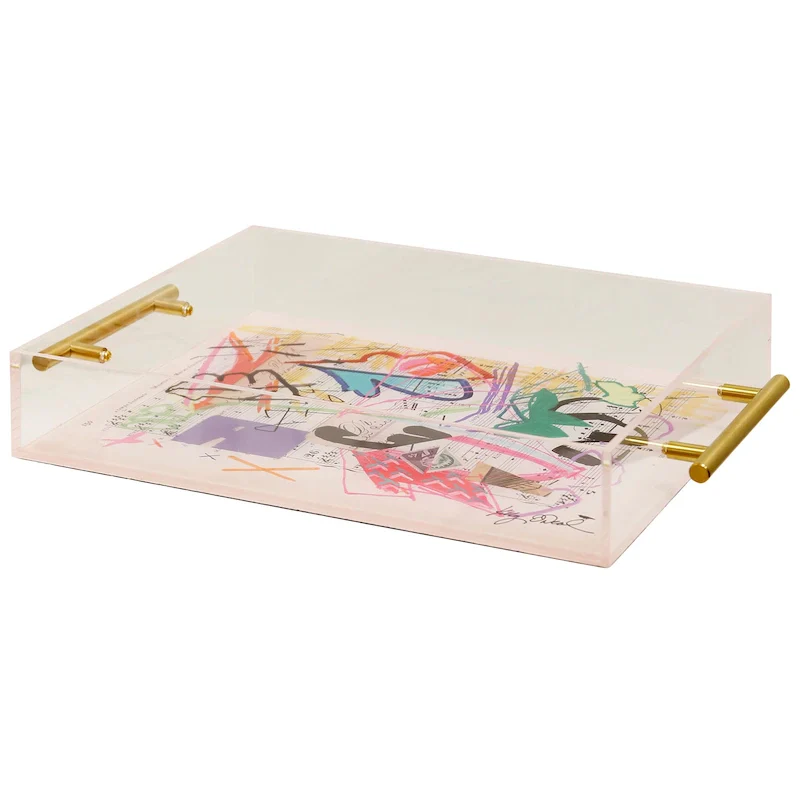 Harp & Finial Songbook II Acrylic Tray- Large - Abstract Print On Acrylic With Gold Handles