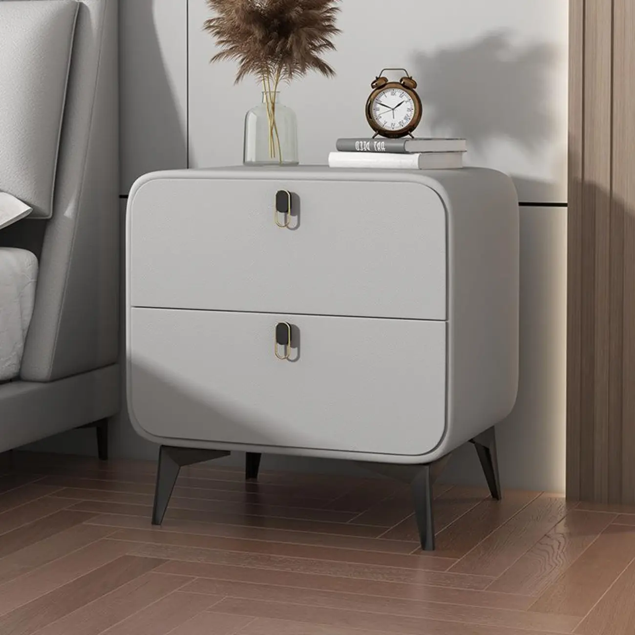 Scandinavian Leather 2 Drawers Wood Nightstand