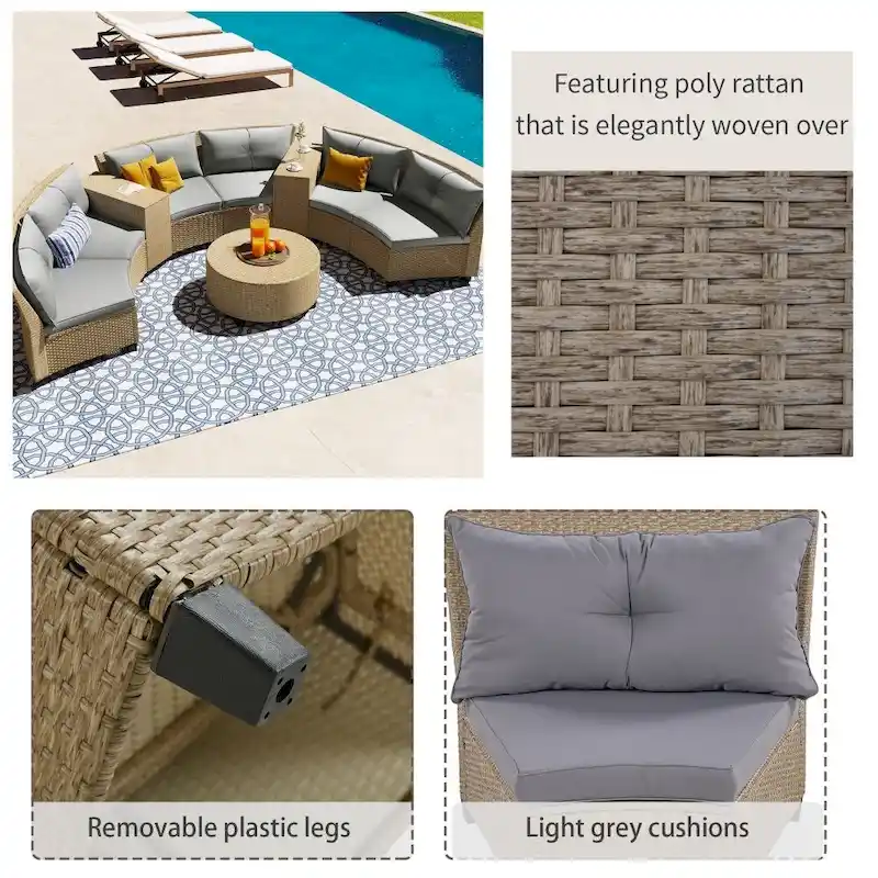 6-Person Garden Fan-shaped Rattan Suit Combination with Cushions and Table