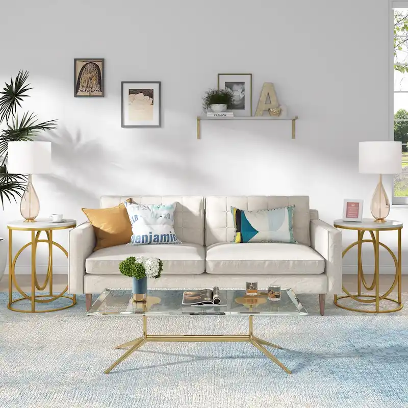 20 in. Marble White Round Wood End Table with Gold O-shaped Base