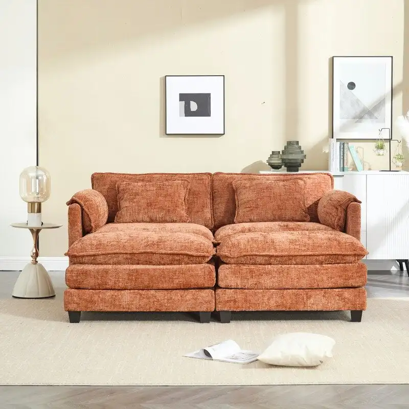 76.77 Chenille Upholstered Sofa with 2 Ottomans