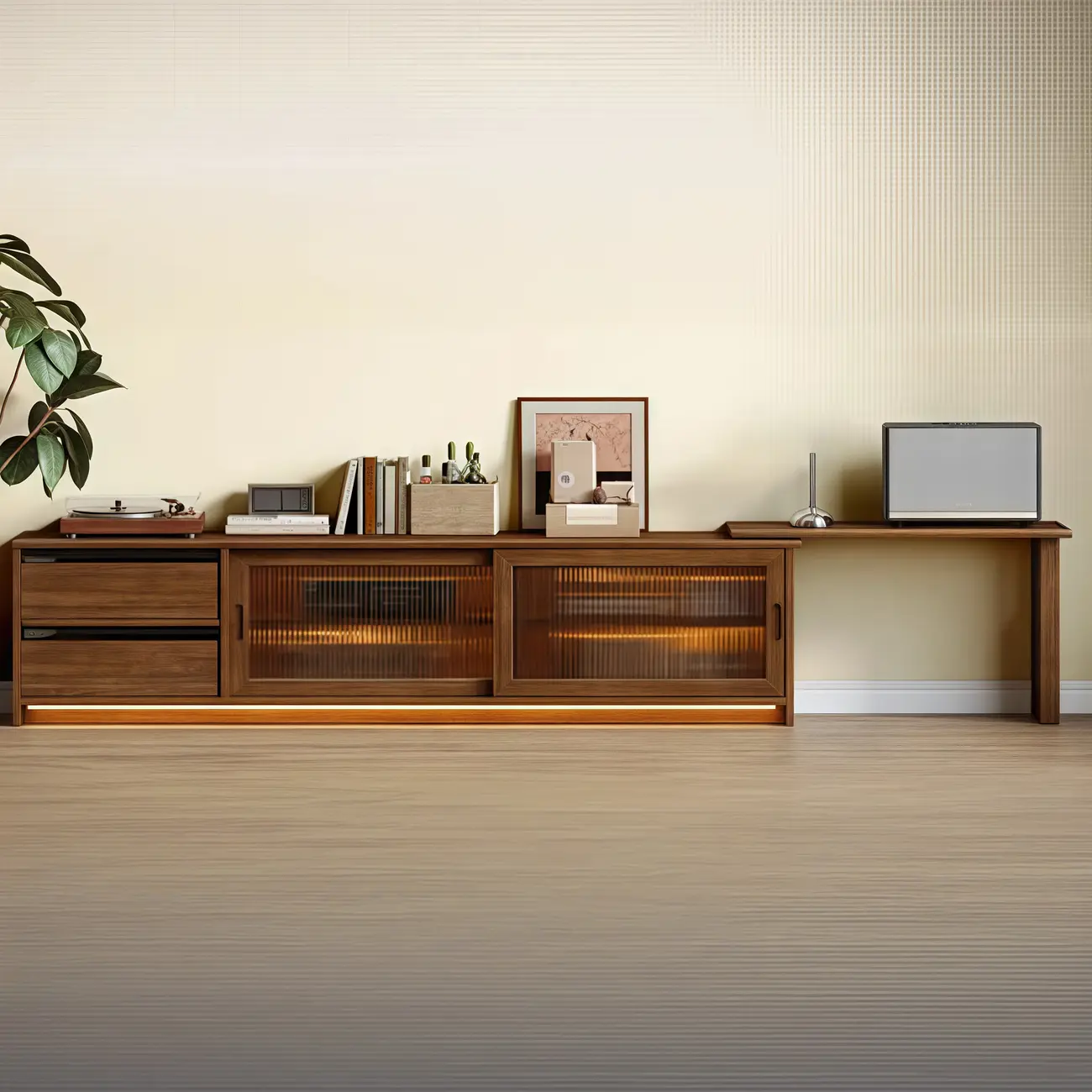 Extendable Long Brown Wood TV Stand with 2 Cabinets