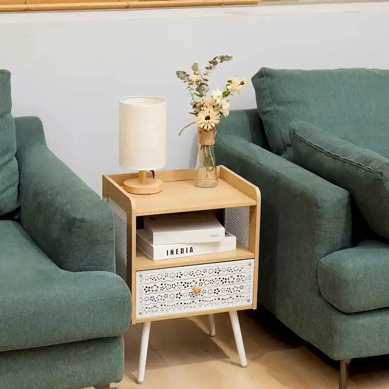 Wooden Bedside Table With Metal Legs Nightstand Set Of 2