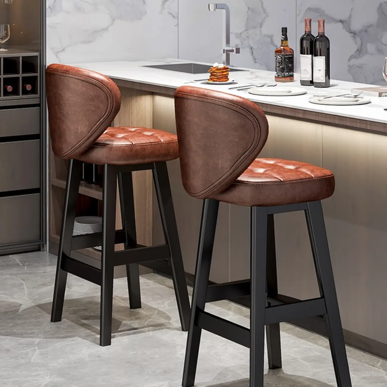 Casual Rawhide Bar Stools in Cognac with Back Quadrilateral Seat and Leg Rest