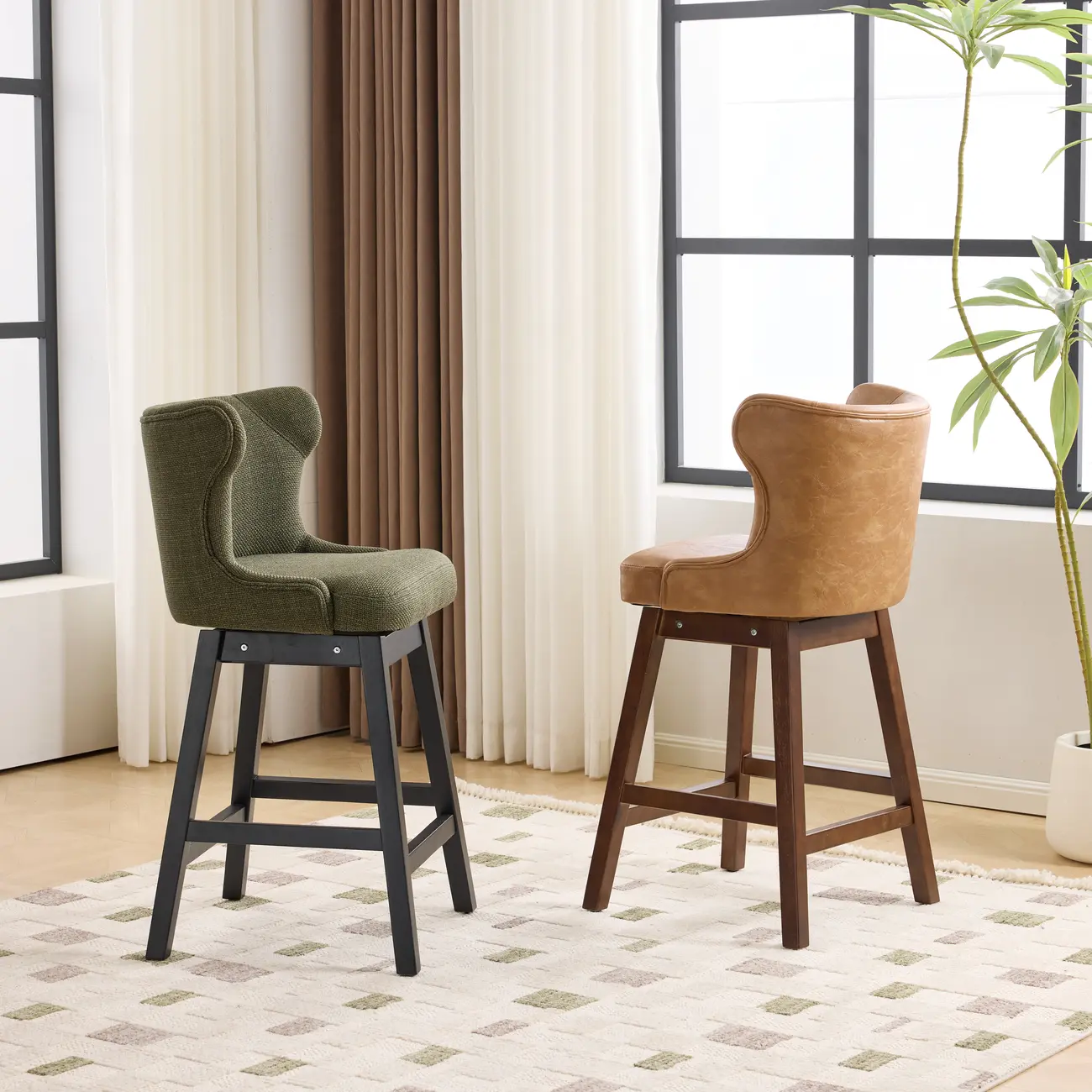 Set Of 2 Bar Height Mid-century Modern Upholstered Bar Stools