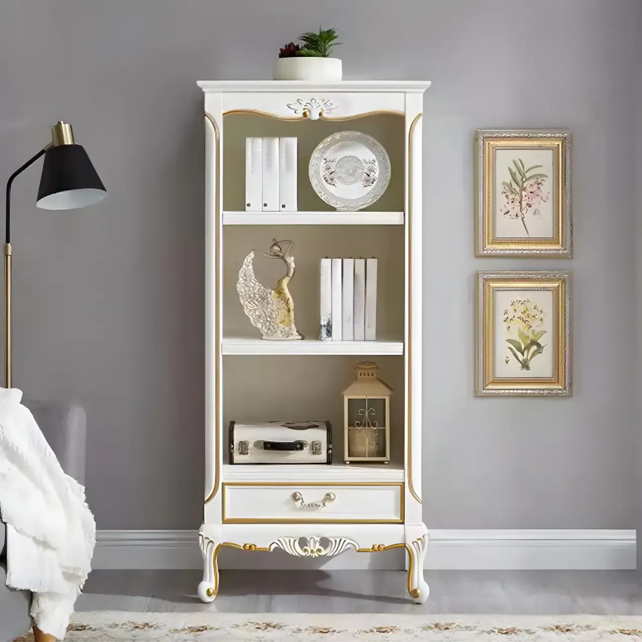 Classic Brown/White Wooden Bookcase with Drawer