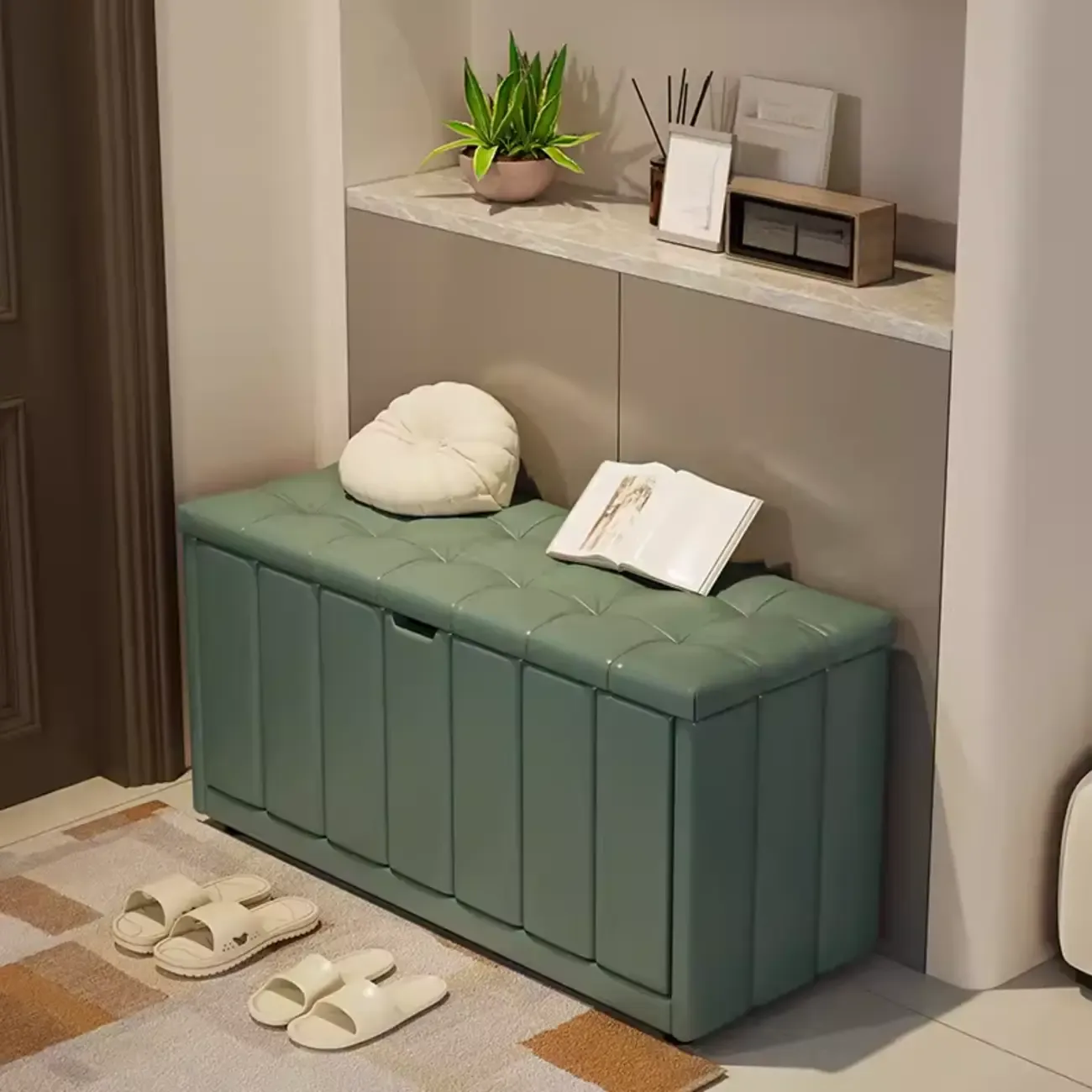 Adjustable Shelves Drop Front Wood Cushioned Shoe Bench