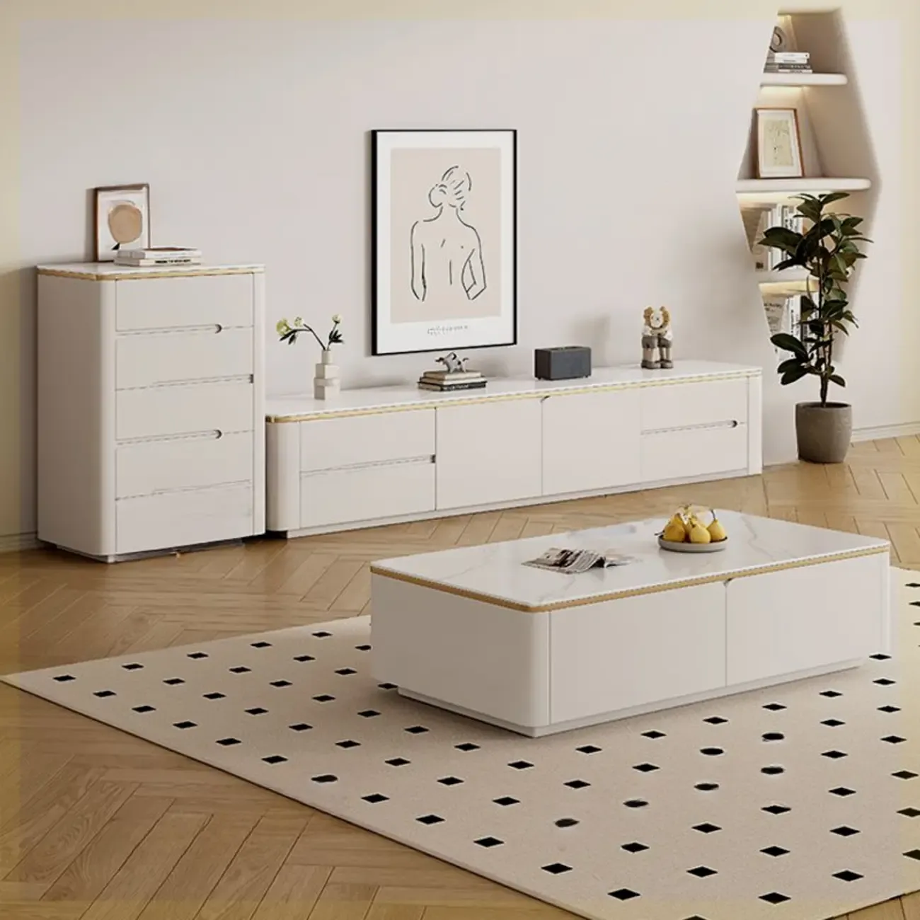 Modern White Stone Long TV Stand with Drawers