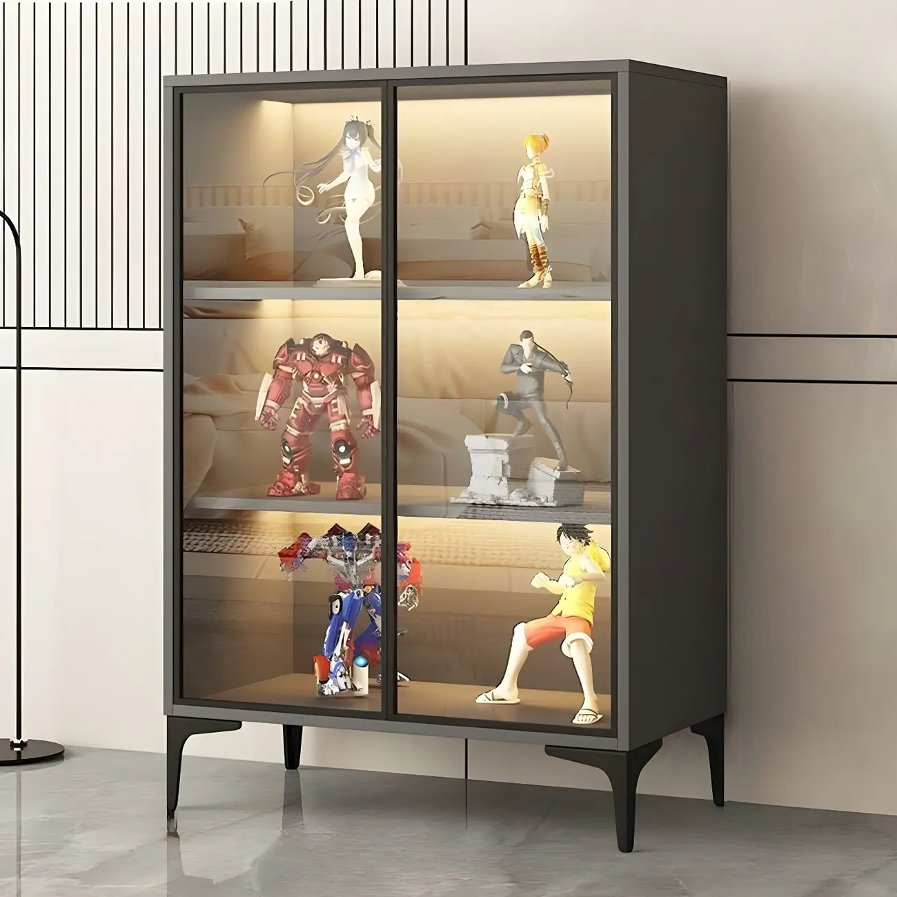 Freestanding Black Tempered Glass Wood Display Cabinet