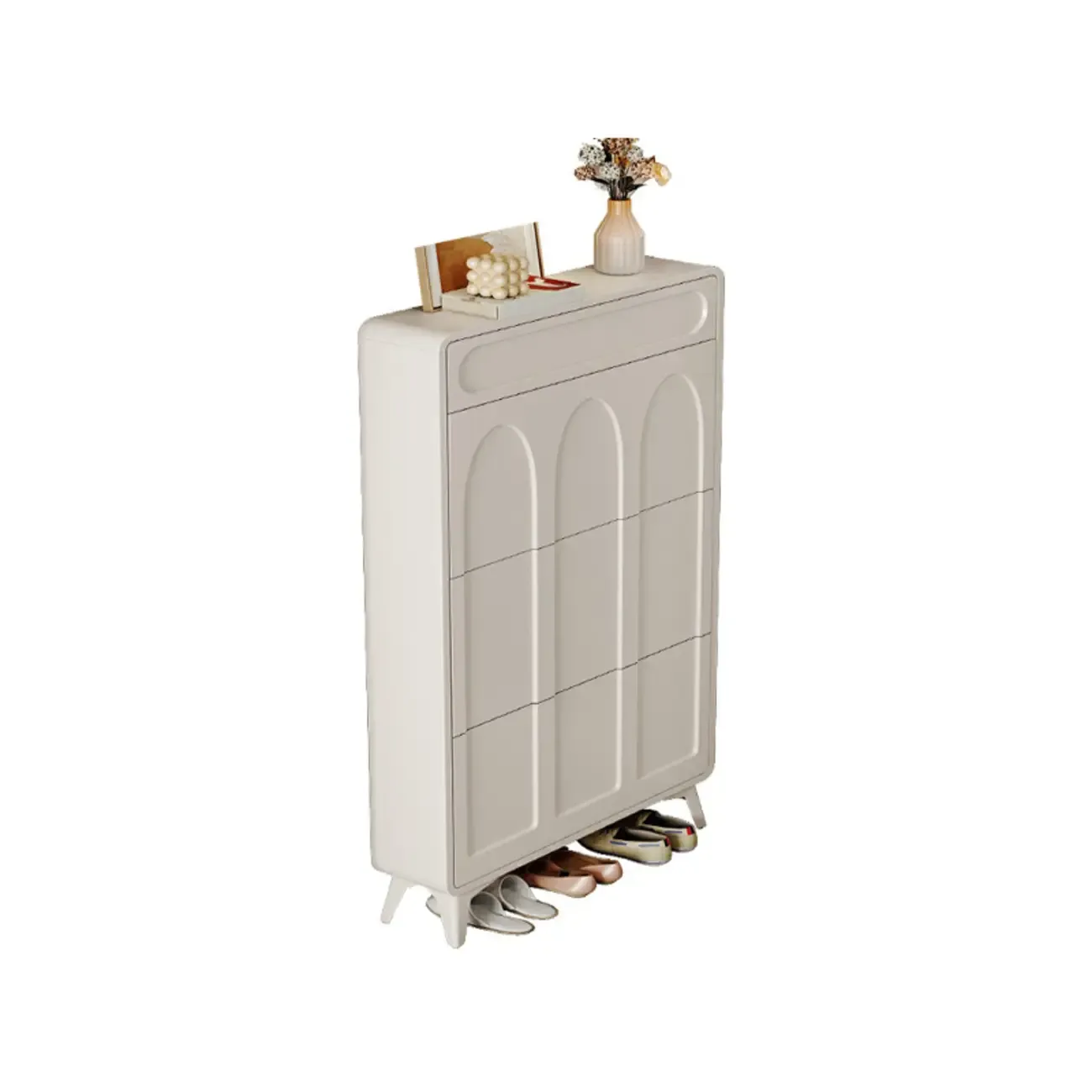 Vertical Slim White Wooden Drop Front Shoe Cabinet