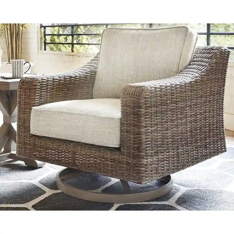 Signature Design by Ashley Beachcroft Brown/Beige Beachcroft Fire Pit Table with 4 Nuvella Swivel Lounge Chairs