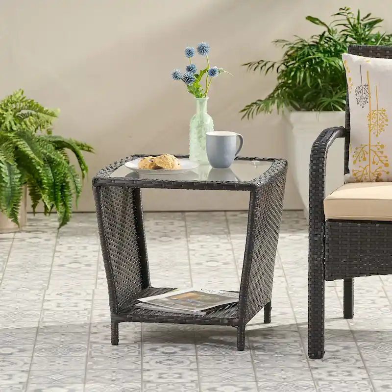 Rattan Side Table 20 Inch with Glass Top Outdoor Wicker Storage