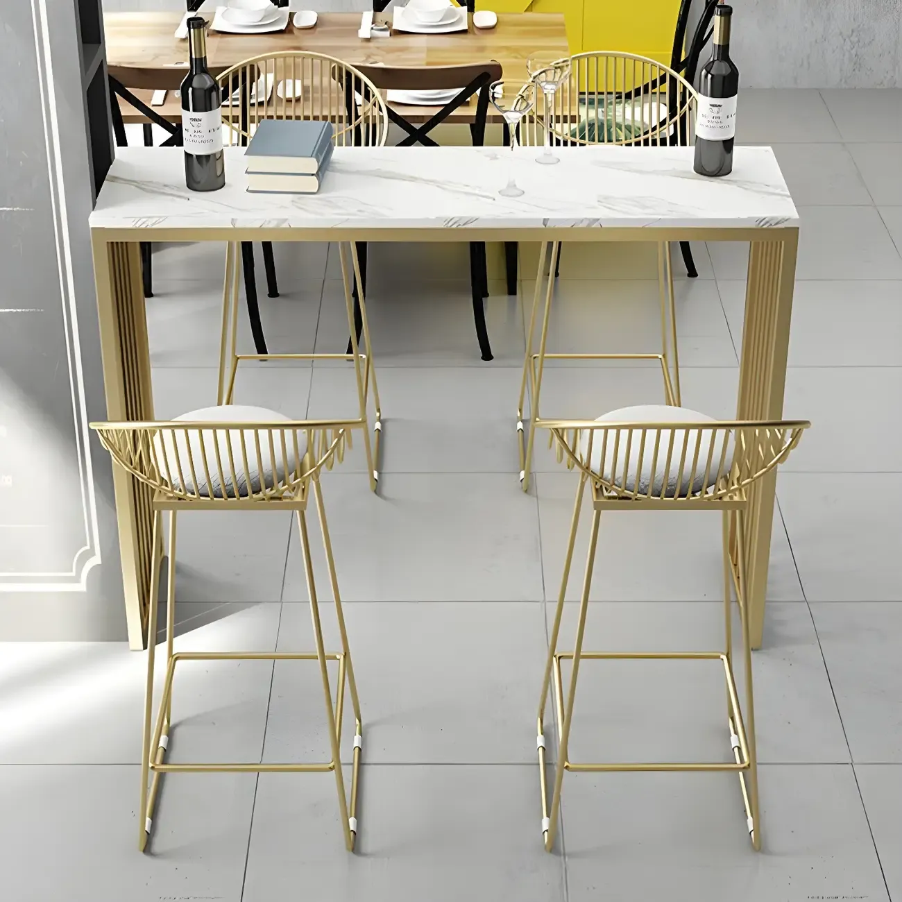 Glam White Faux Marble Gold Rail Metal Base Bar Tables