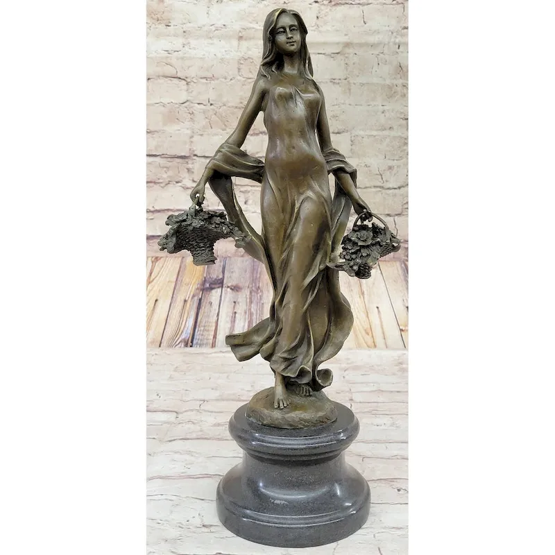 Real Bronze Statue Farmer Girl W/Flower Basket Sculpture Fall Harvest Figurine Art