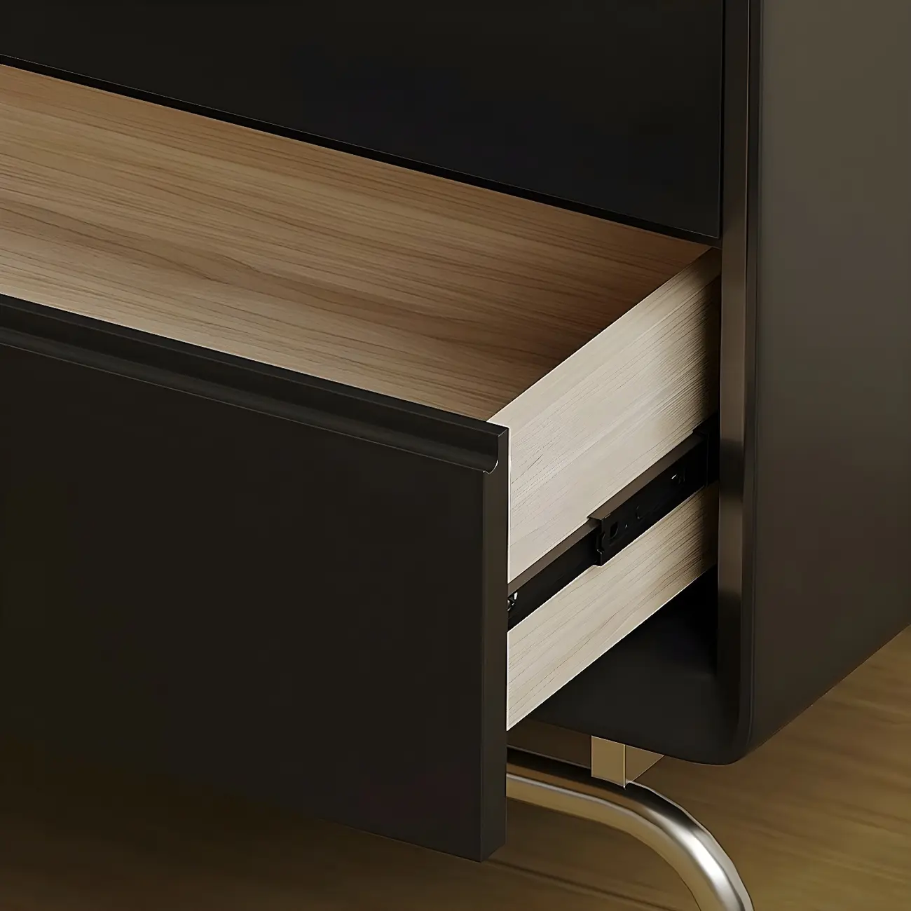 Classic Black Wood 2 Drawers Nightstand with Silver Metal Base