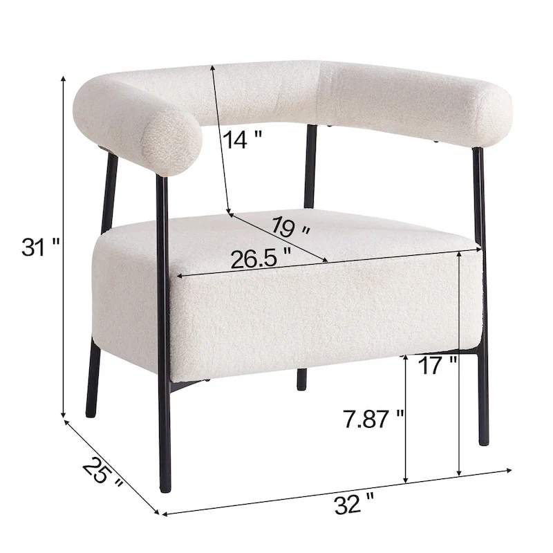 Modern Boucle Fabric Upholstered Accent Chair, Curved Armchair with Black Metal Frame