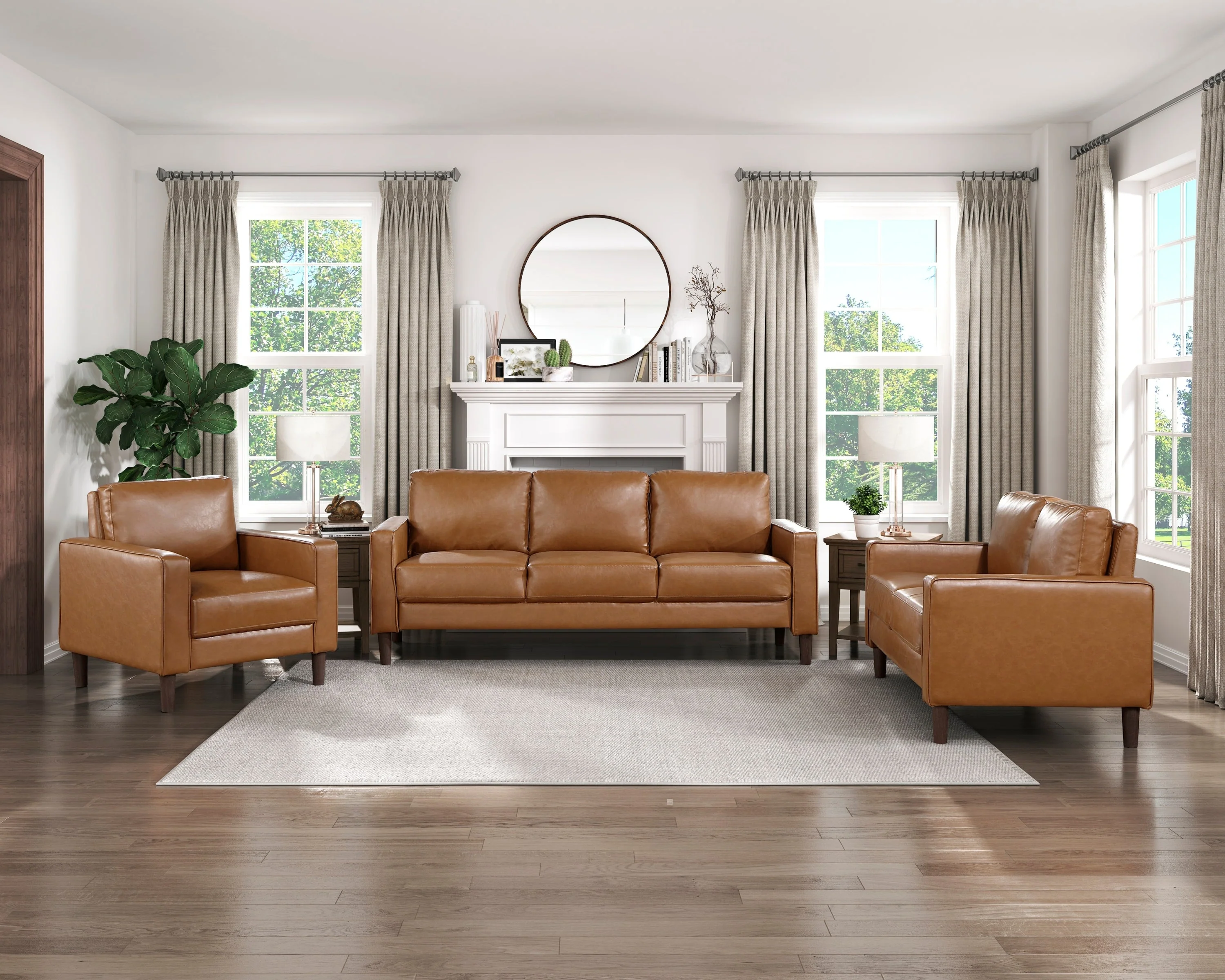 Modern Style Brown Faux Leather 3-Seater Sofa Couch