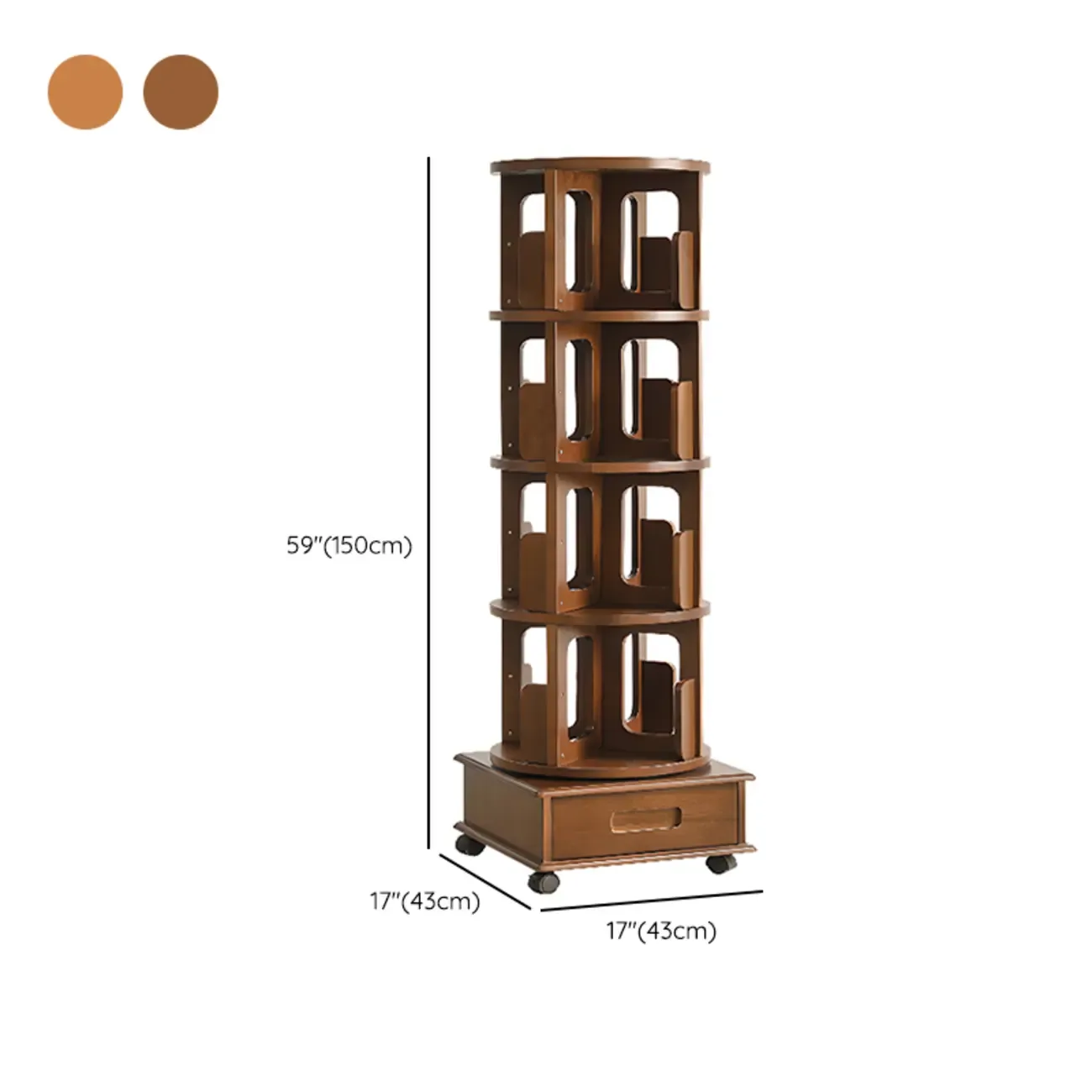 Narrow Rotating Cherry Wood Vertical Bookcase With Drawer