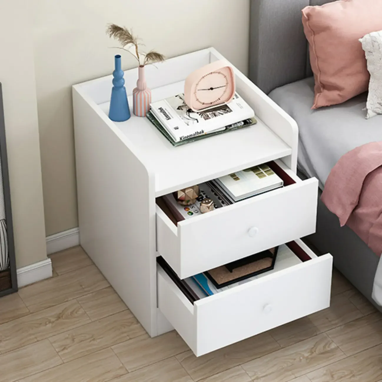 Scandinavian Wooden 2-Drawers Narrow Nightstand