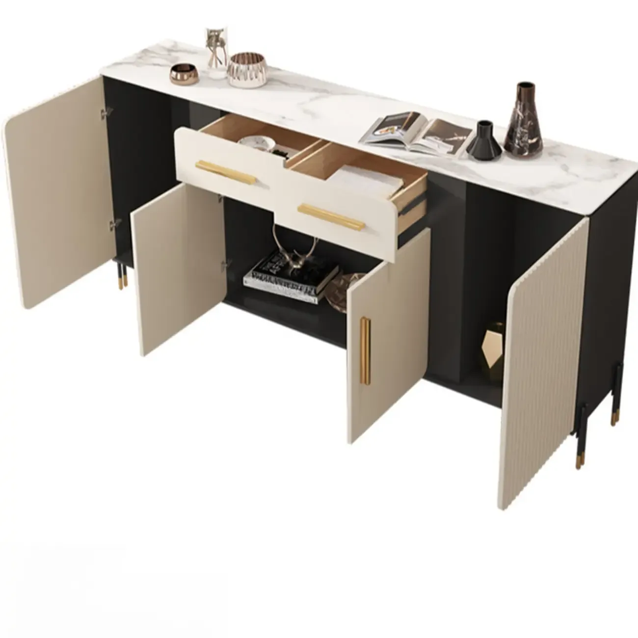 Glam White Sideboard with Stone Top and Drawers