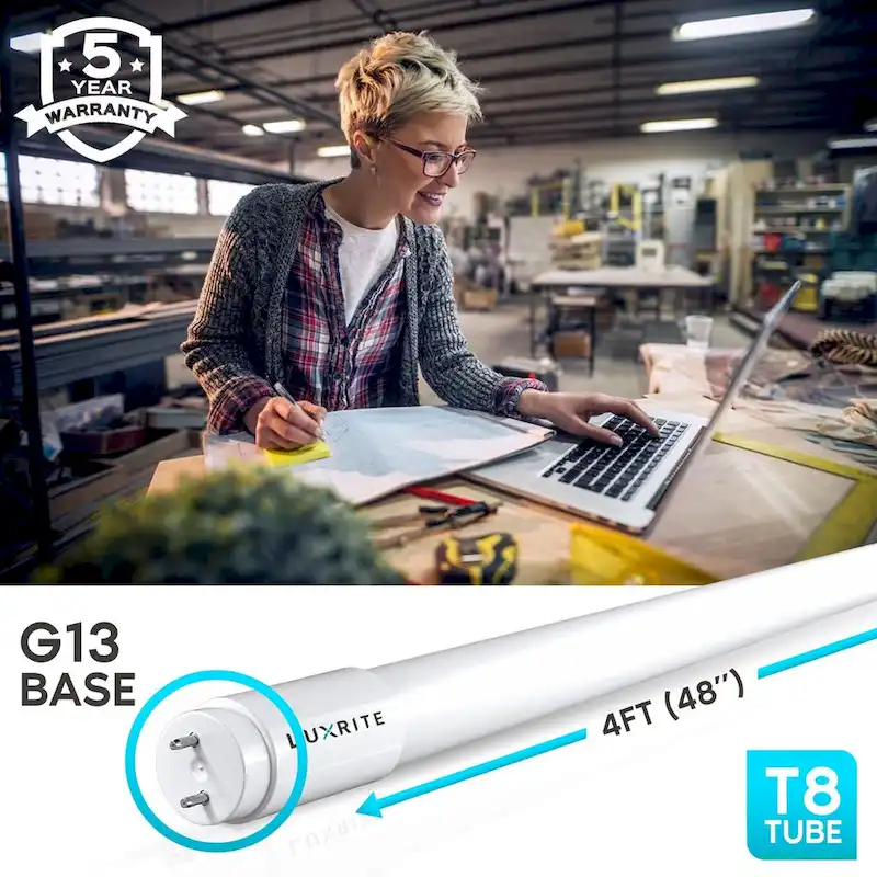 Luxrite 4FT T8 LED Tube Light, Ballast and Ballast Bypass, 13W=32W, 1800 Lumens, Damp Rated 12 Pack