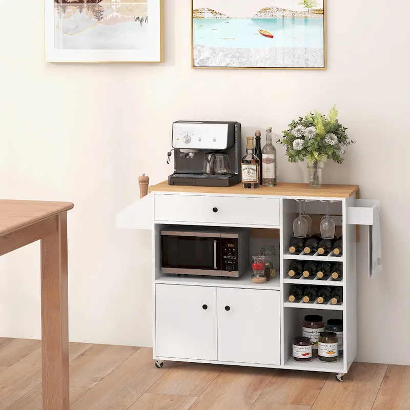 Gymax Kitchen Island Cart w/ Drop-Leaf & Power Outlet Microwave Shelf
