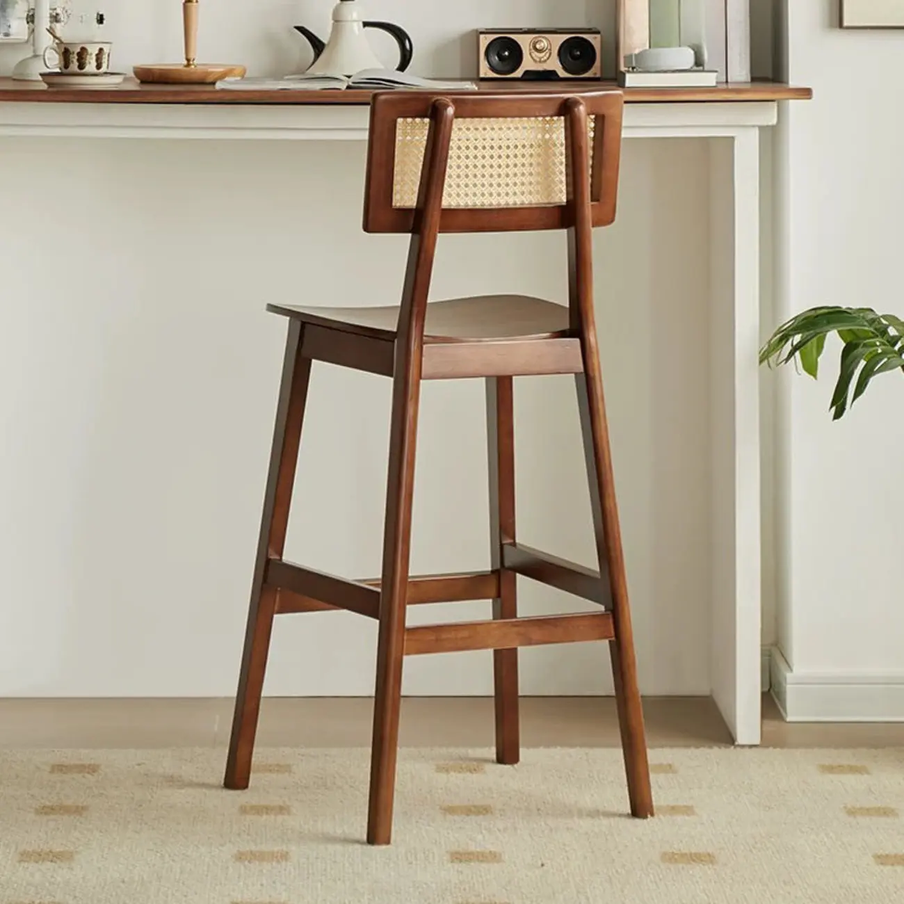 Scandinavian Solid Wood Rattan Back Counter Height Stools